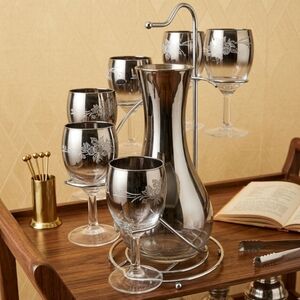 Vintage MCM Silver Fade Etched Floral Decanter Set with Chrome Caddy 8pc Set